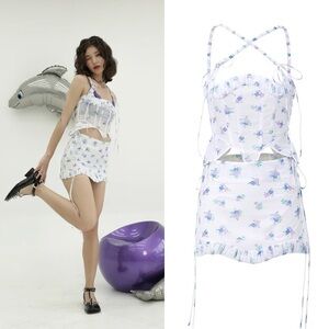 Nodress Set Jacquard Ruffled Corset Mini Skirt Sheer Off-White Floral S NWT